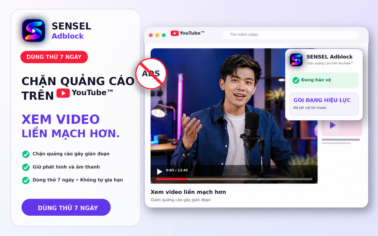 Giao diện trình chặn quảng cáo SENSEL Adblock trên YouTube™ dành cho Google Chrome Desktop