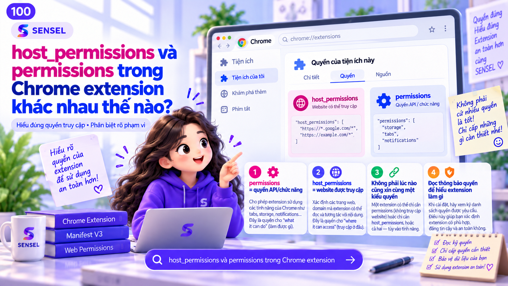 Minh họa sự khác nhau giữa host_permissions và permissions trong Chrome extension Manifest V3
