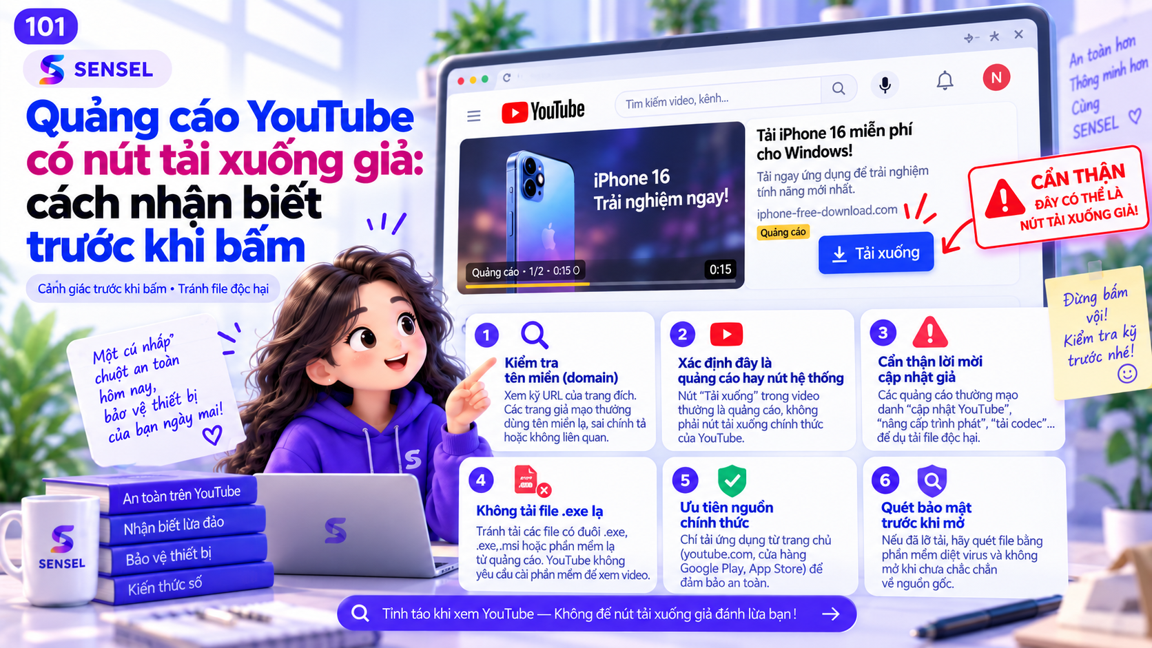 Minh họa quảng cáo YouTube có nút tải xuống giả và các bước kiểm tra an toàn trước khi bấm