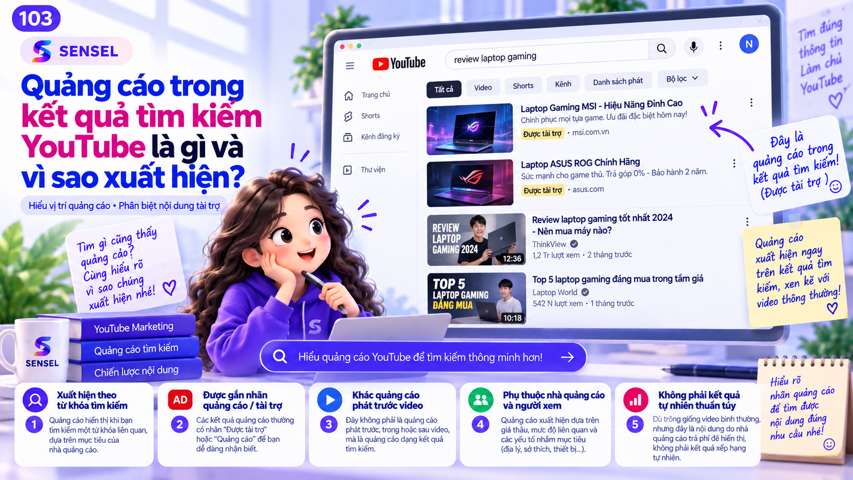Minh họa quảng cáo được tài trợ xuất hiện xen giữa kết quả tìm kiếm YouTube