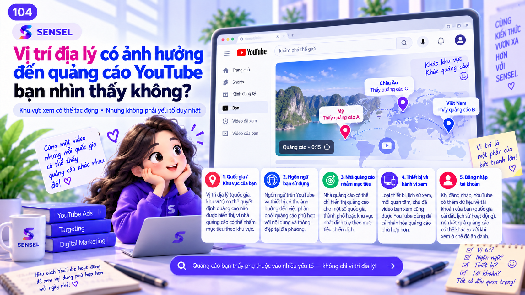 Minh họa vị trí địa lý và các yếu tố có thể ảnh hưởng quảng cáo YouTube người dùng nhìn thấy