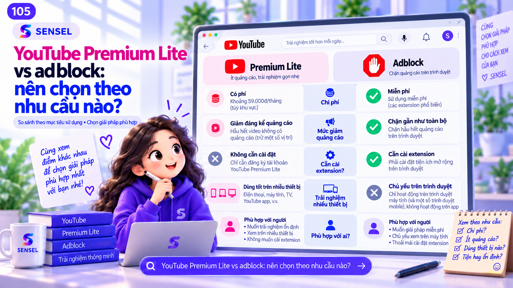 Minh họa so sánh YouTube Premium Lite và adblock theo nhu cầu sử dụng