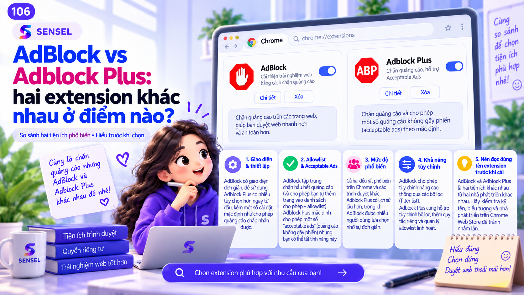 Minh họa so sánh AdBlock và Adblock Plus trên Chrome