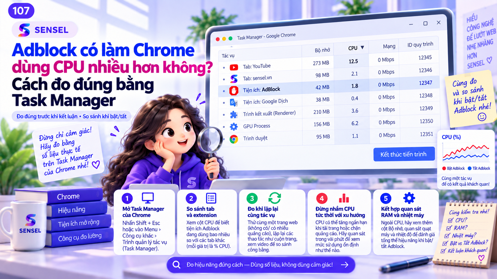 Minh họa Chrome Task Manager dùng để đo CPU của tab và extension adblock