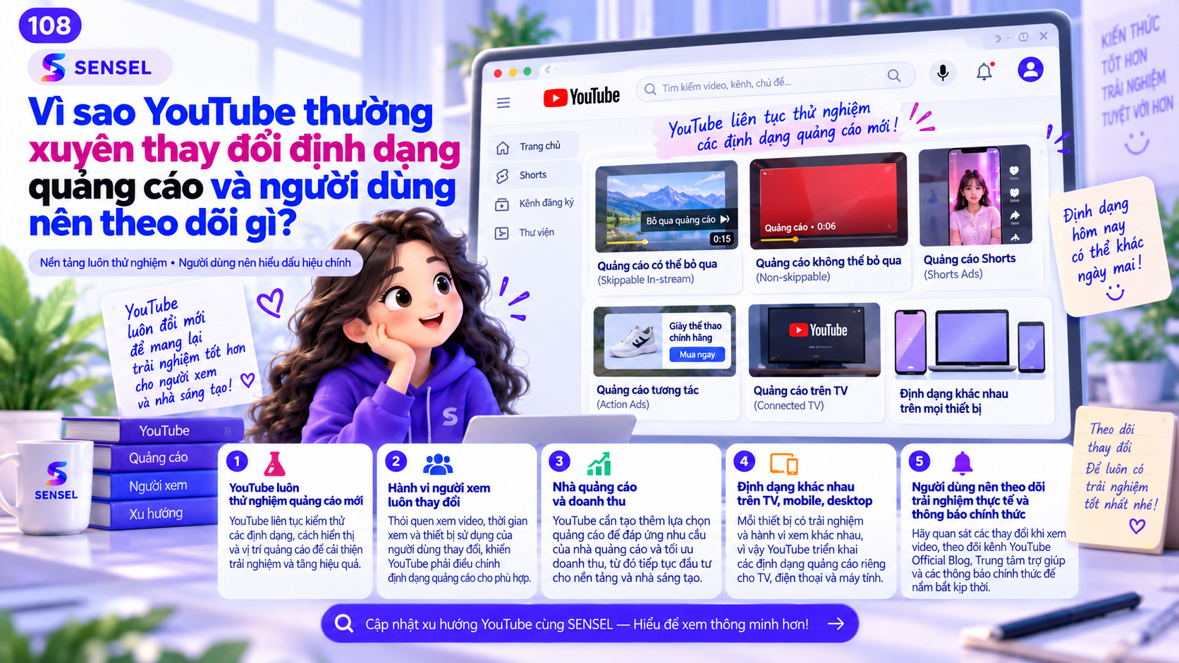 Minh họa nhiều định dạng quảng cáo YouTube thay đổi trên desktop, mobile và TV