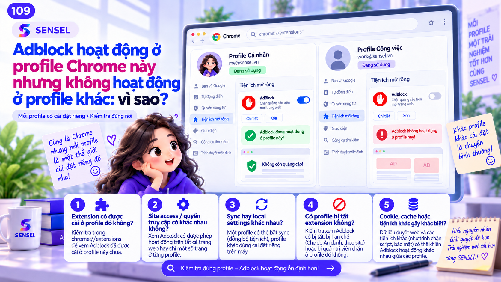 Minh họa hai Chrome profile có cấu hình adblock khác nhau, một hoạt động và một không