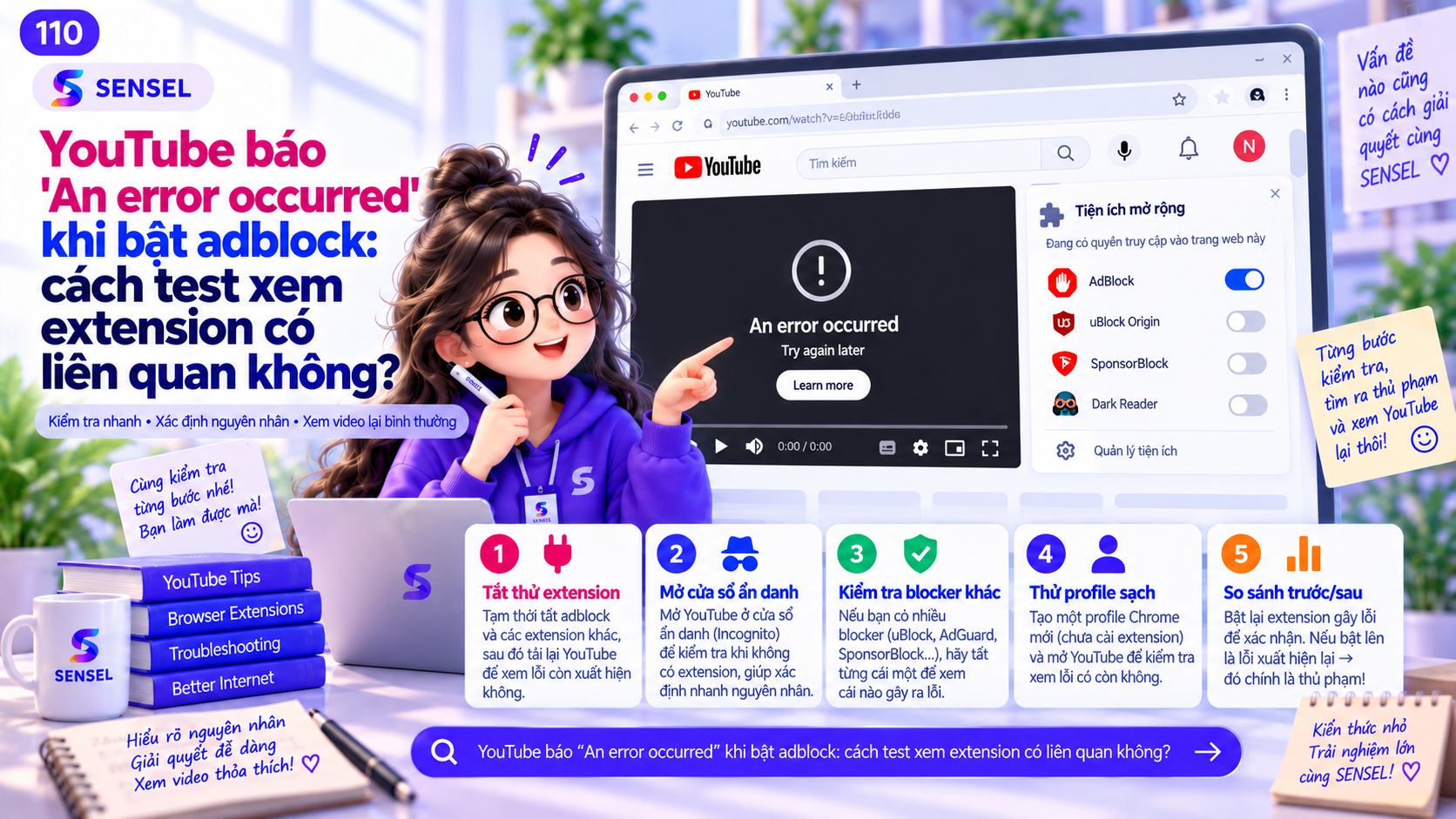 Minh họa lỗi An error occurred trên YouTube và quy trình kiểm tra xem adblock có liên quan hay không