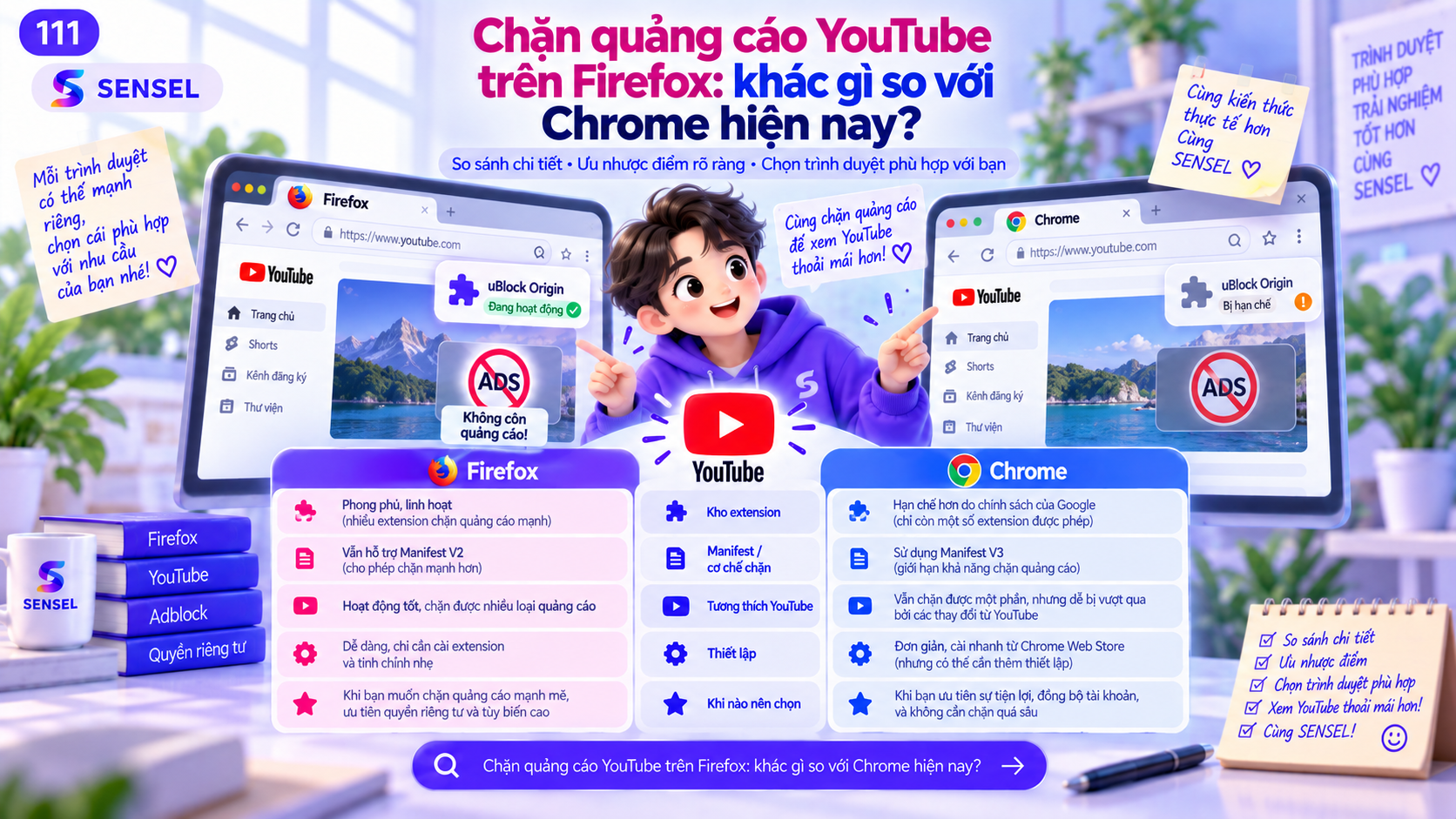 Minh họa so sánh chặn quảng cáo YouTube trên Firefox và Chrome ở góc nhìn người dùng