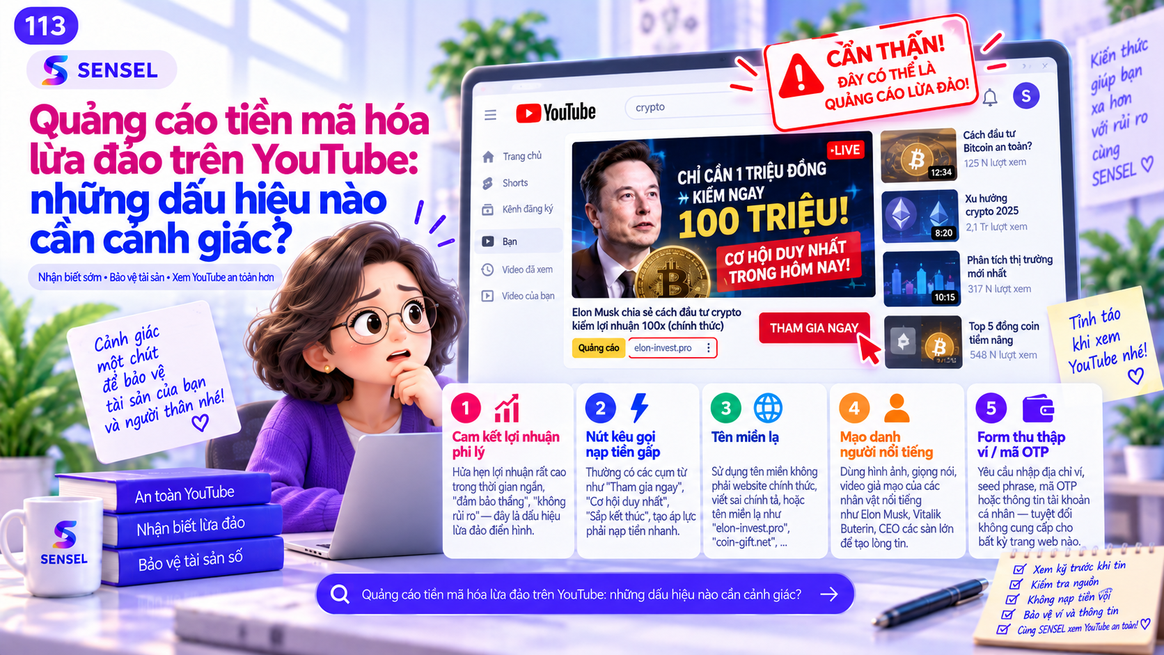 Minh họa các dấu hiệu cần cảnh giác với quảng cáo tiền mã hóa lừa đảo trên YouTube