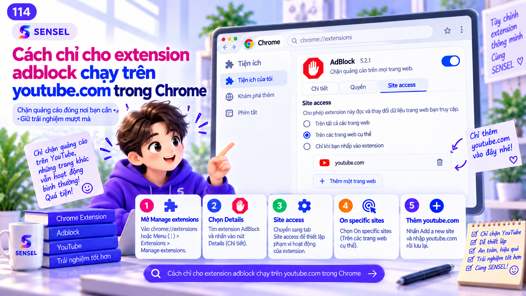 Minh họa cách giới hạn extension adblock chỉ chạy trên youtube.com trong Chrome
