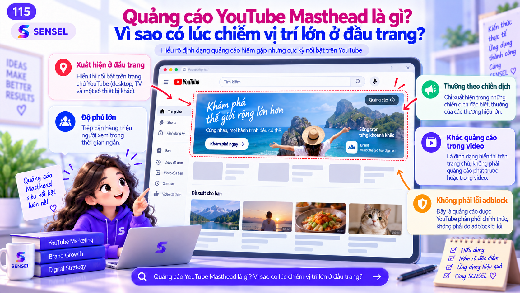 Minh họa quảng cáo YouTube Masthead ở vị trí lớn trên đầu trang chủ