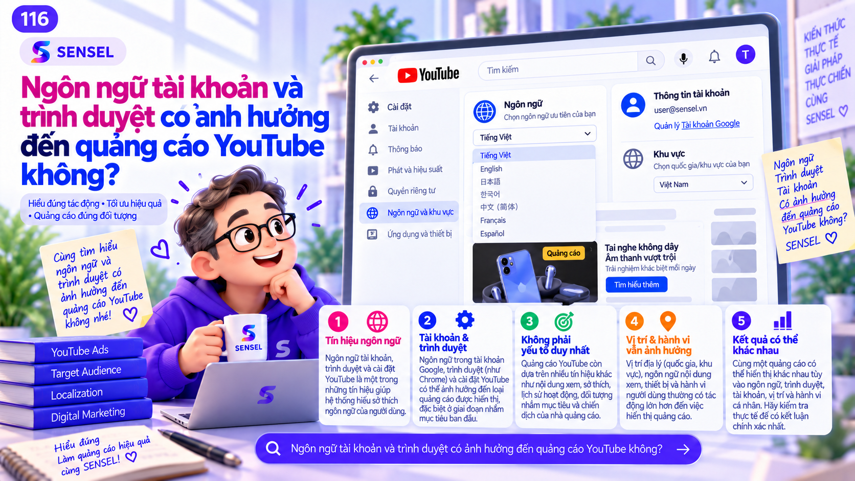 Minh họa ảnh hưởng của ngôn ngữ tài khoản và trình duyệt tới quảng cáo YouTube
