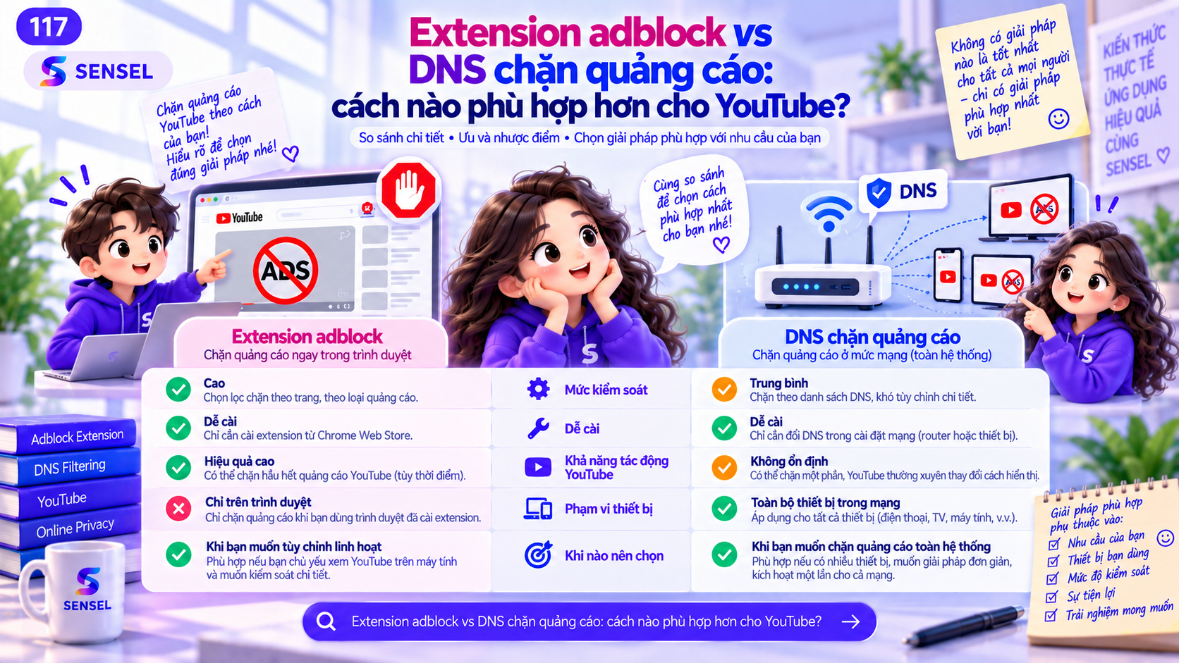 Minh họa so sánh extension adblock và DNS filtering cho nhu cầu dùng YouTube