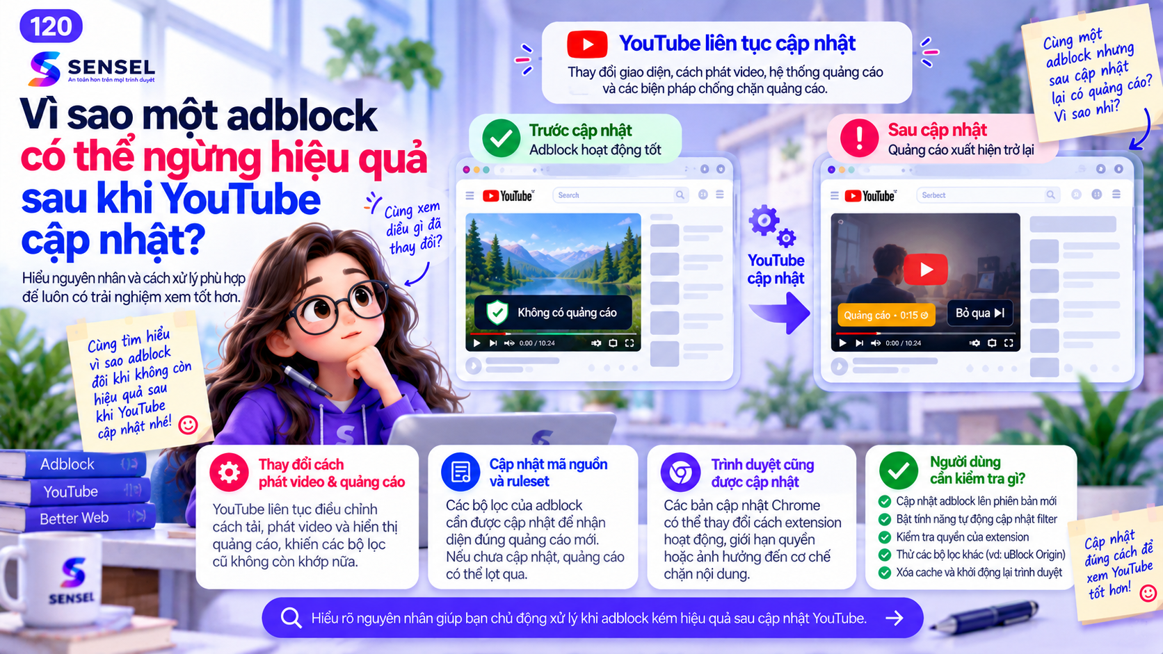 Minh họa việc adblock có thể giảm hiệu quả sau khi YouTube cập nhật giao diện hoặc luồng quảng cáo
