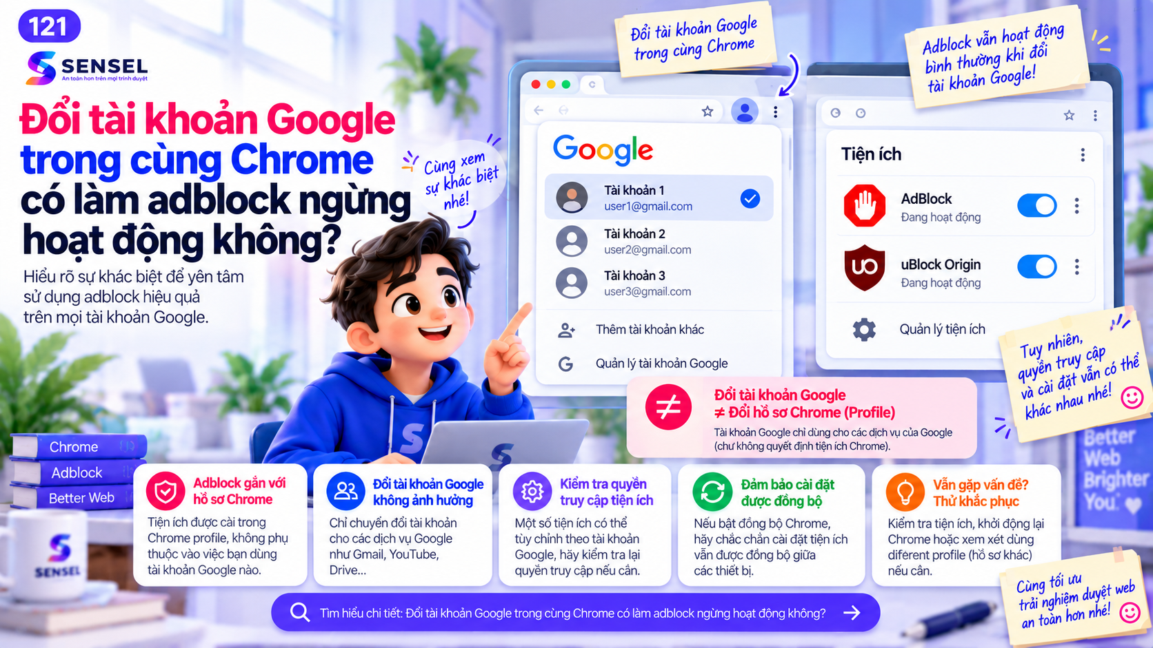 Minh họa việc đổi tài khoản Google trong cùng Chrome và ảnh hưởng có thể có tới adblock trên YouTube