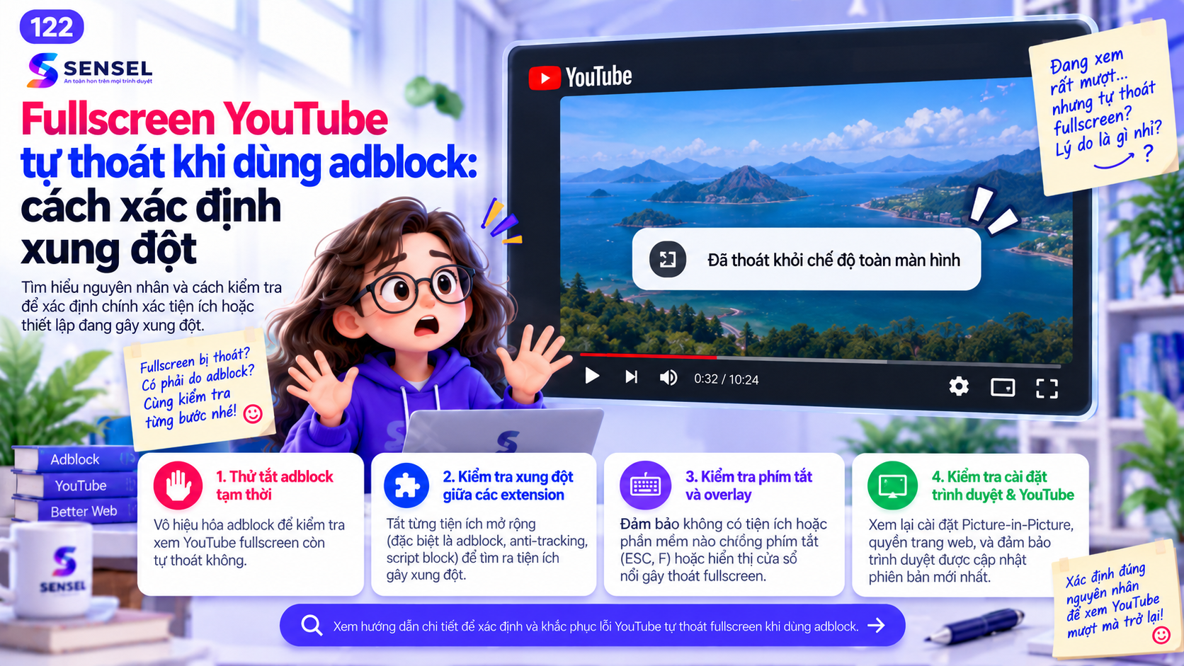 Minh họa lỗi YouTube tự thoát fullscreen khi dùng adblock và cách kiểm tra xung đột