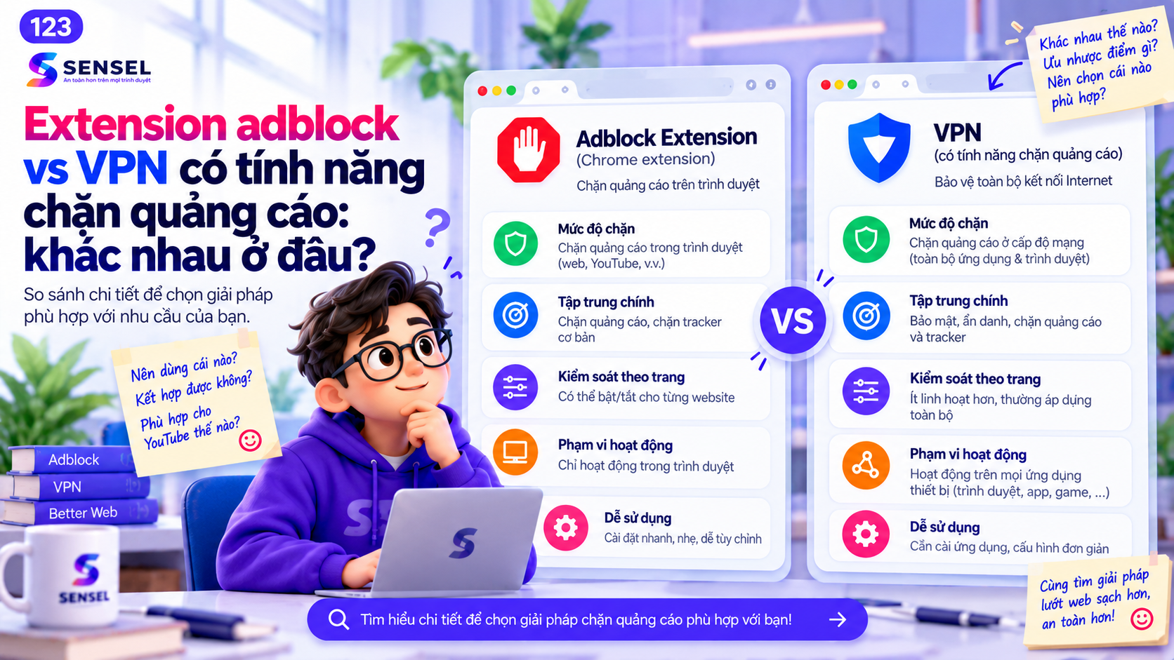 Minh họa sự khác nhau giữa extension adblock và VPN có tính năng chặn quảng cáo