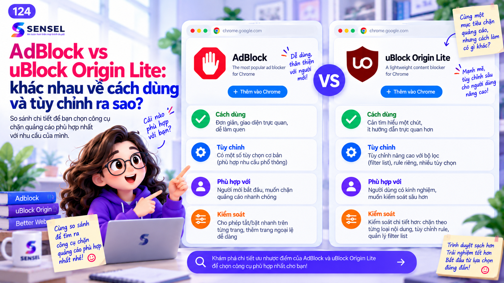 Minh họa so sánh AdBlock và uBlock Origin Lite về cách dùng và mức tùy chỉnh