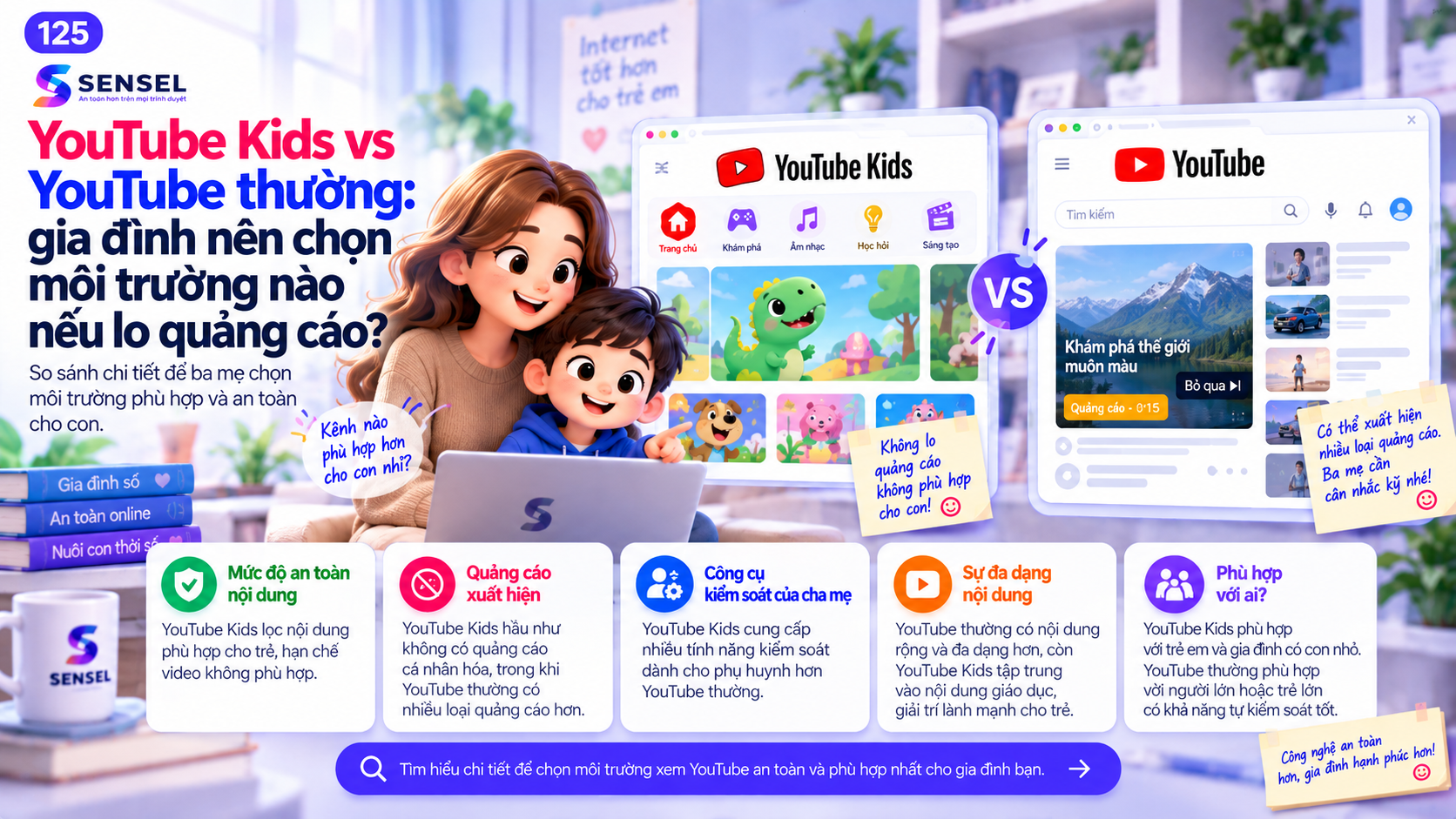Minh họa gia đình cân nhắc giữa YouTube Kids và YouTube thường khi lo quảng cáo và nội dung cho trẻ