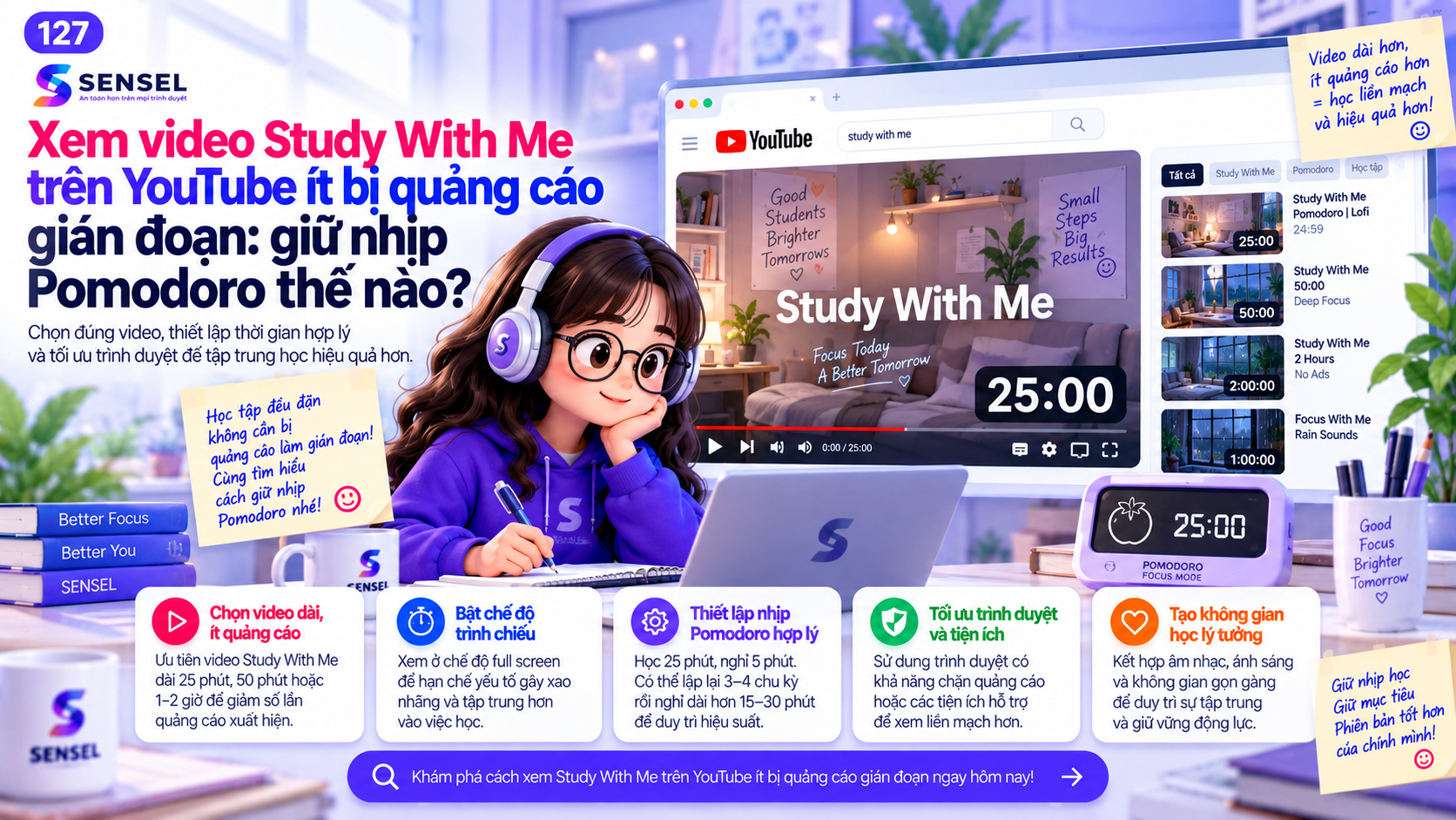 Minh họa việc xem video Study With Me trên YouTube và giữ nhịp Pomodoro ít bị quảng cáo gián đoạn