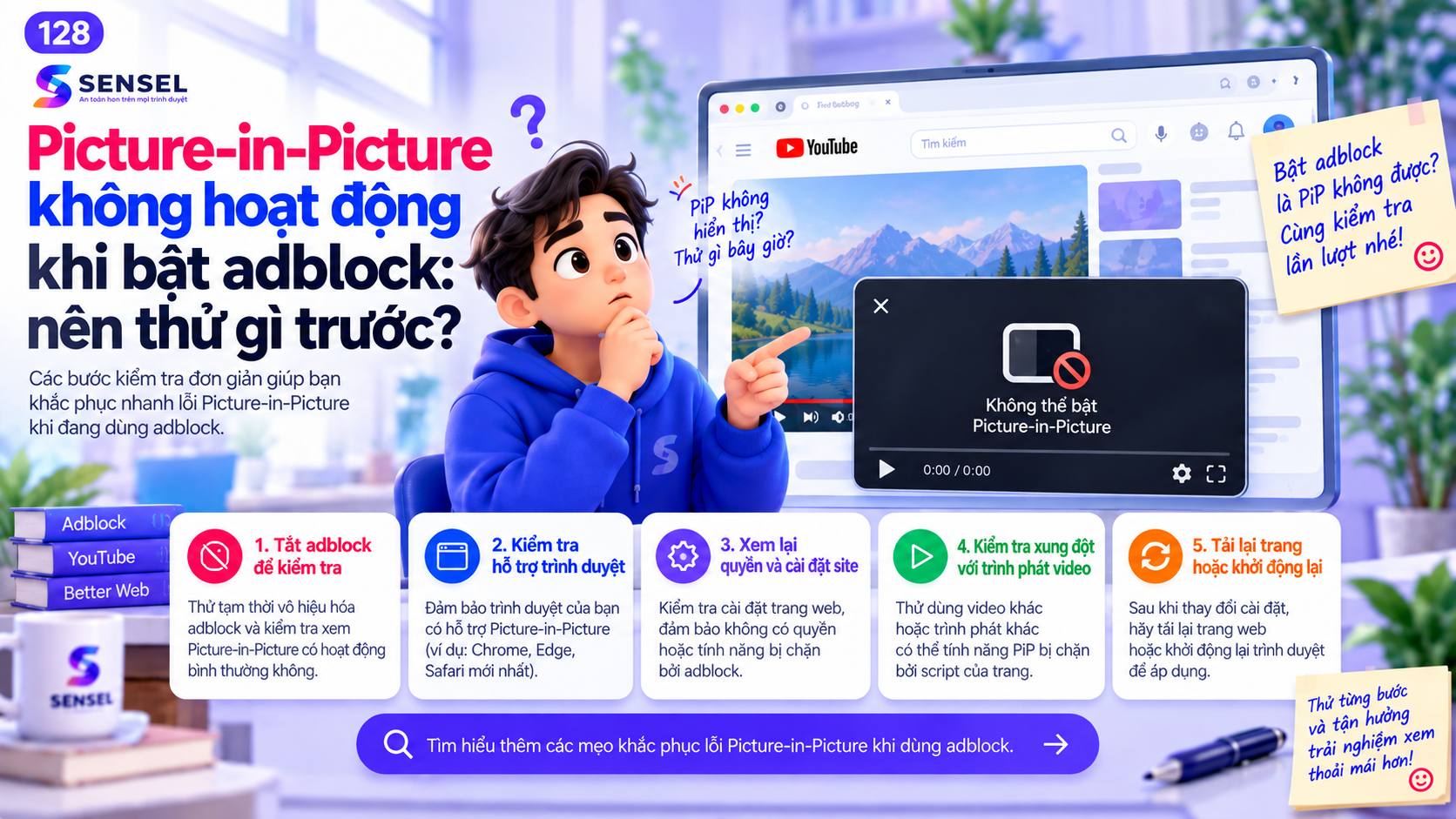 Minh họa lỗi Picture-in-Picture không hoạt động khi bật adblock và các bước thử trước