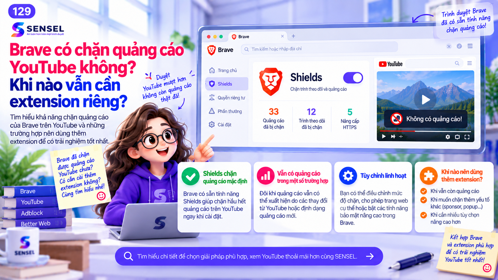Minh họa trình duyệt Brave chặn quảng cáo YouTube và các trường hợp vẫn cần extension riêng
