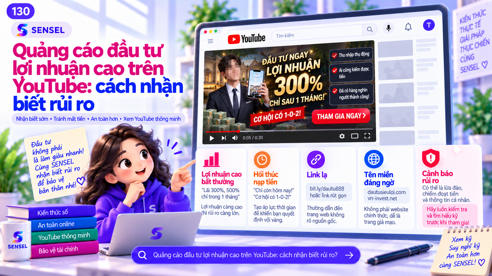Minh họa các dấu hiệu rủi ro trong quảng cáo đầu tư lợi nhuận cao trên YouTube