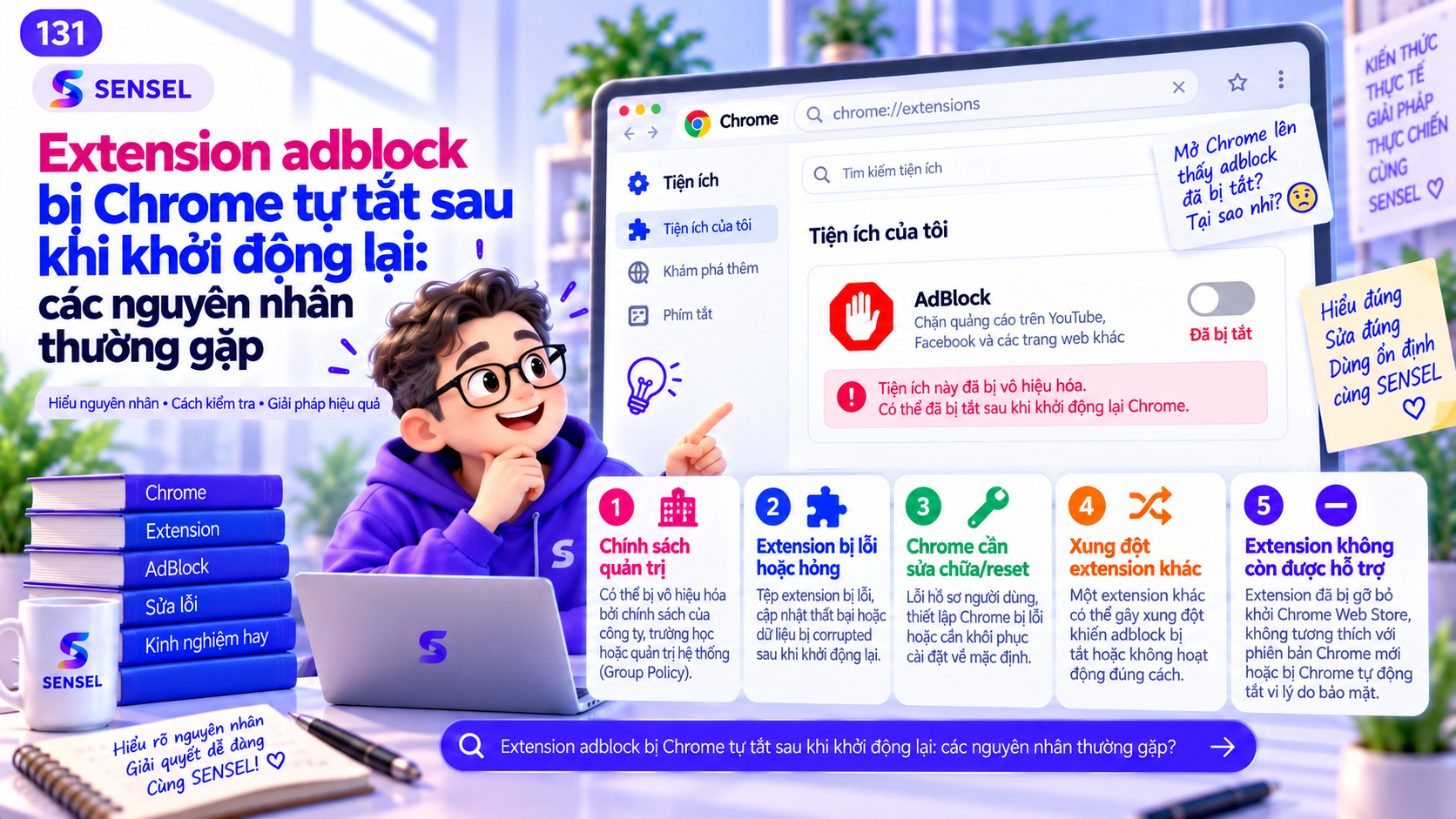 Minh họa Chrome tự tắt extension adblock sau khi khởi động lại và các nguyên nhân cần kiểm tra