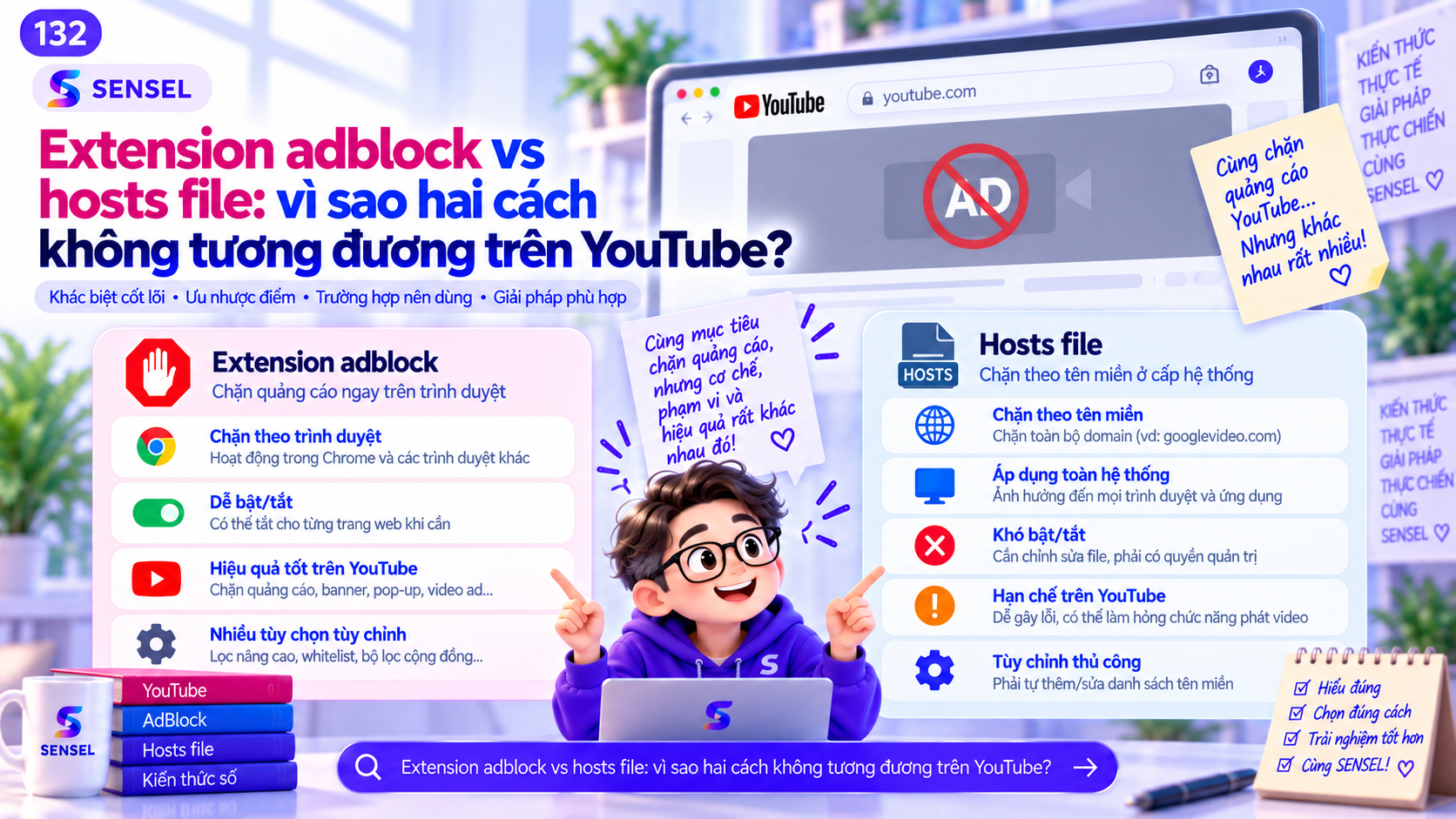 Minh họa so sánh extension adblock và hosts file khi dùng với YouTube