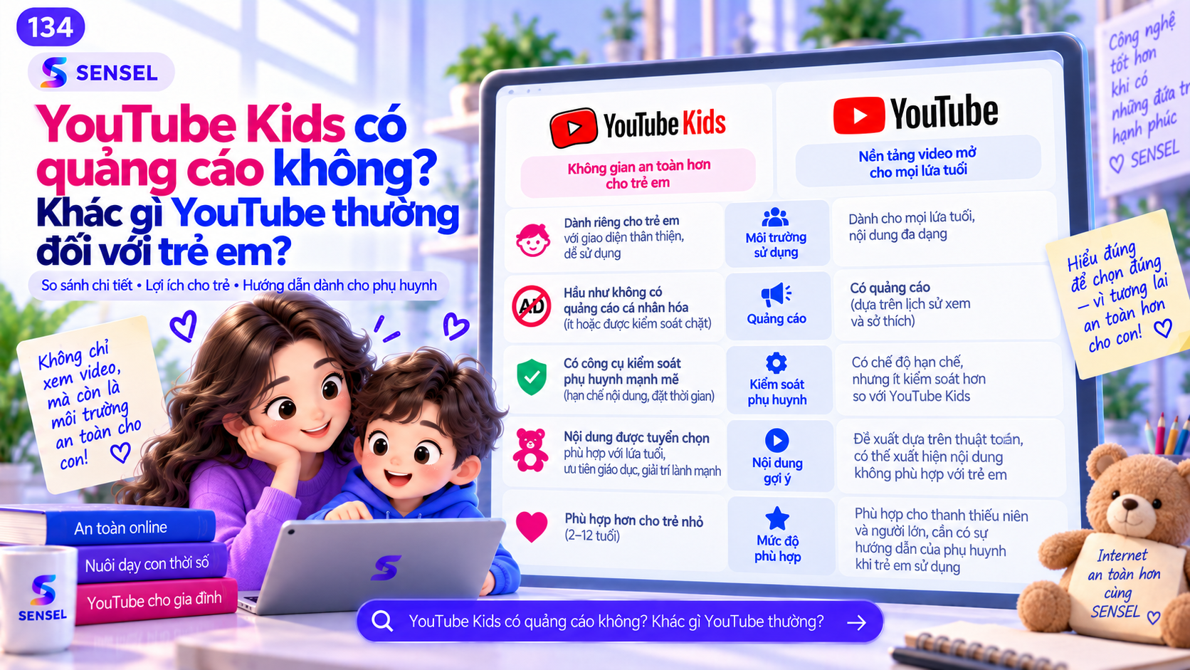 Minh họa so sánh quảng cáo trong YouTube Kids và YouTube thường đối với trẻ em