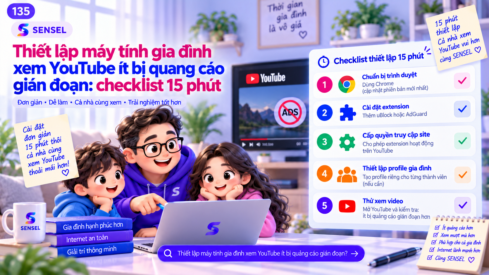 Minh họa checklist 15 phút thiết lập máy tính gia đình xem YouTube ít bị quảng cáo gián đoạn