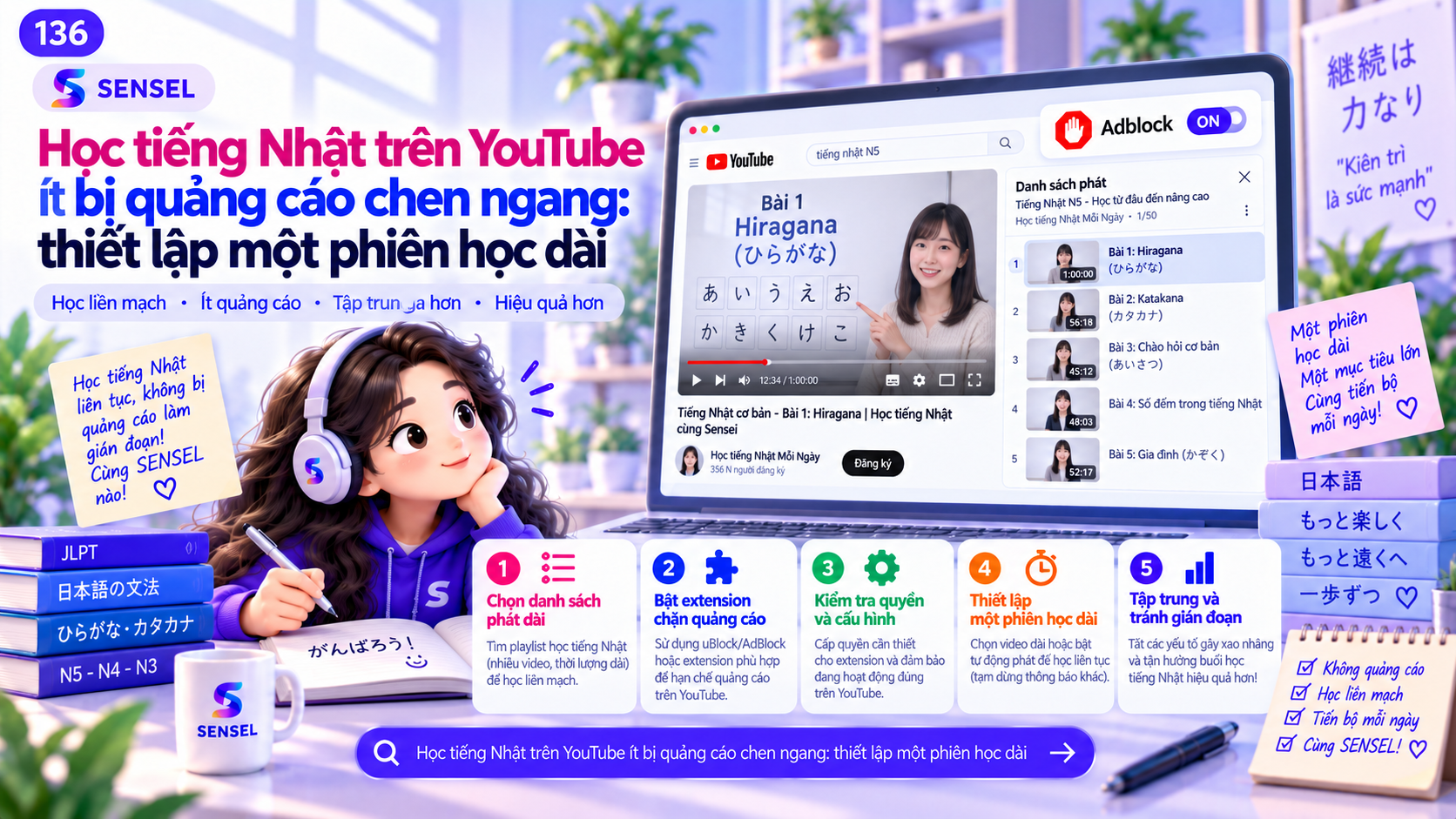 Minh họa phiên học tiếng Nhật dài trên YouTube với playlist và môi trường ít gián đoạn