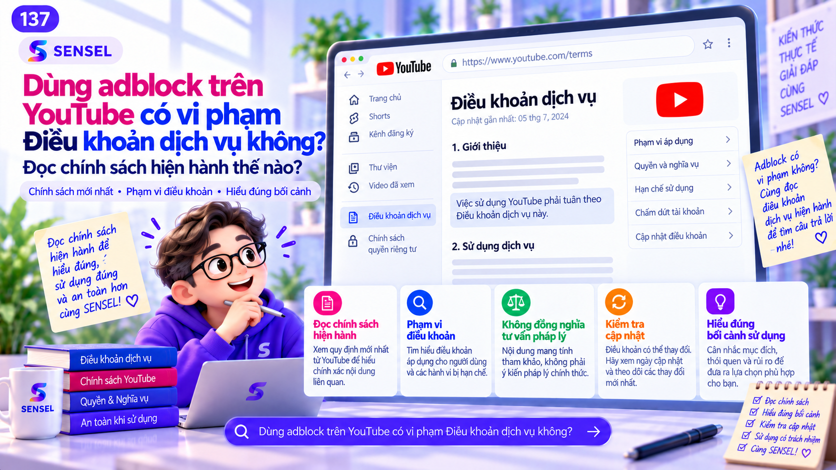 Minh họa cách đọc chính sách hiện hành về việc dùng adblock trên YouTube
