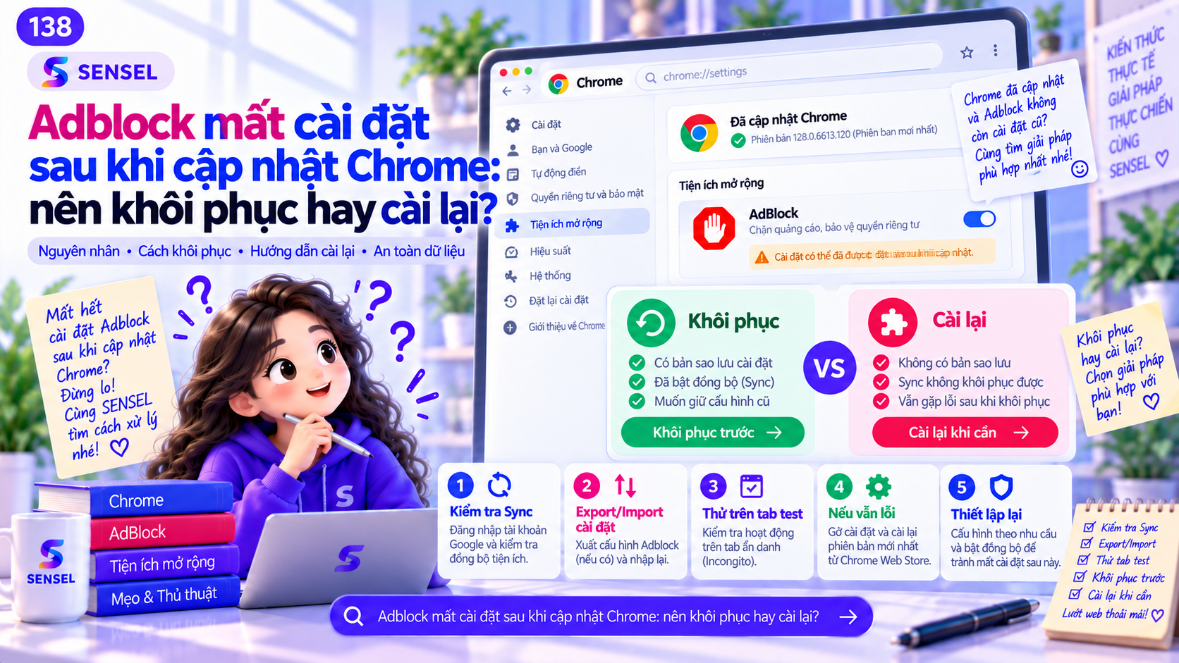 Minh họa lựa chọn khôi phục hay cài lại khi adblock mất cài đặt sau cập nhật Chrome