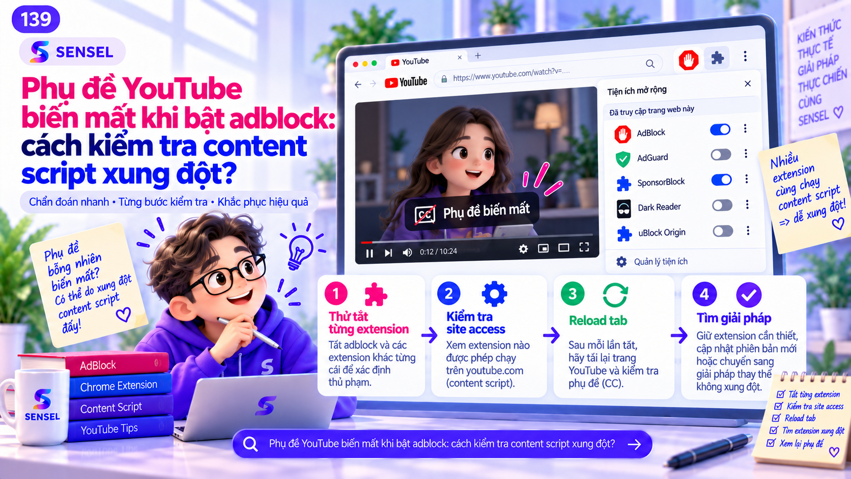 Minh họa phụ đề YouTube biến mất và quy trình kiểm tra content script xung đột giữa extension