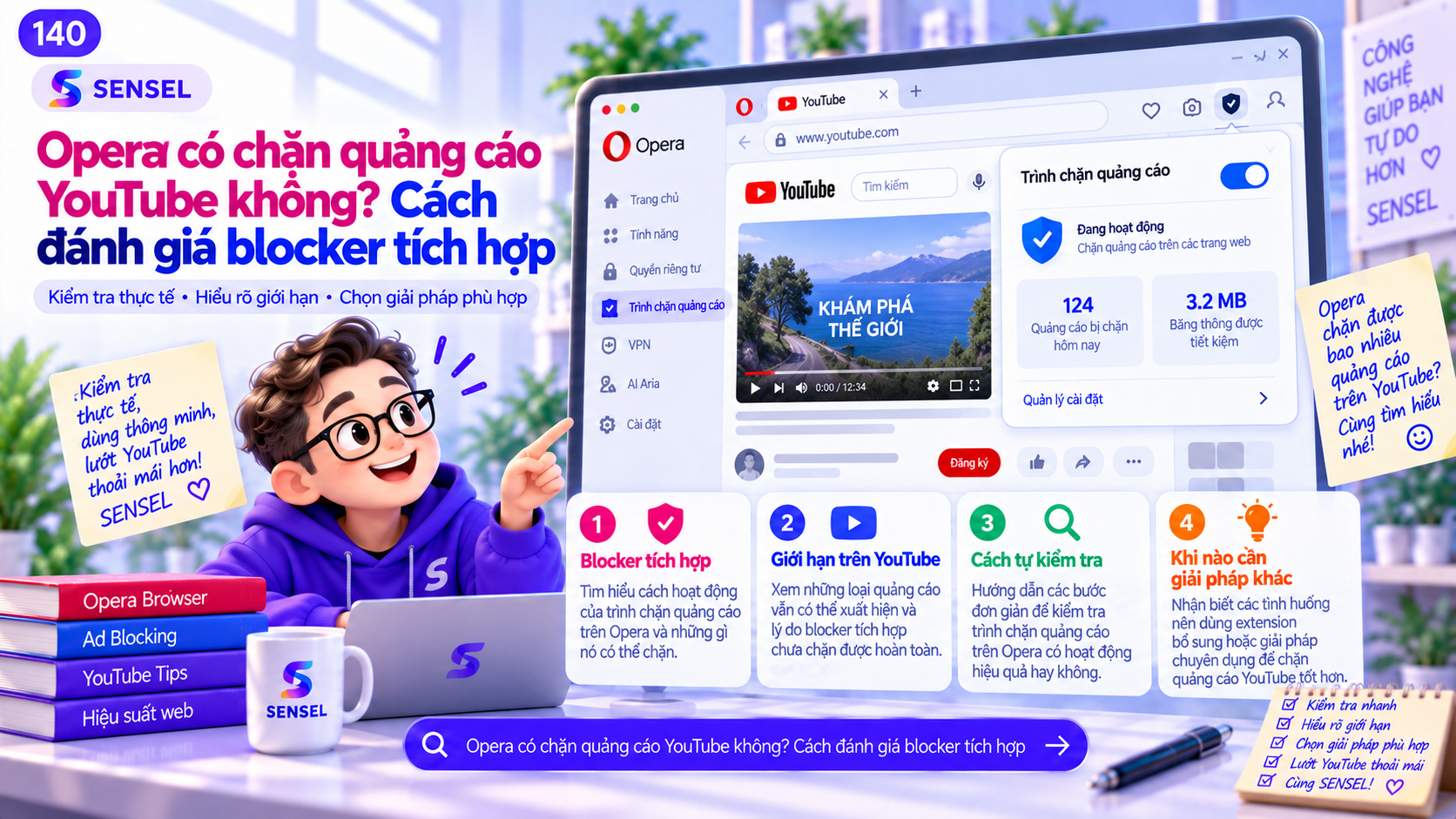Minh họa cách đánh giá trình chặn quảng cáo tích hợp của Opera khi xem YouTube