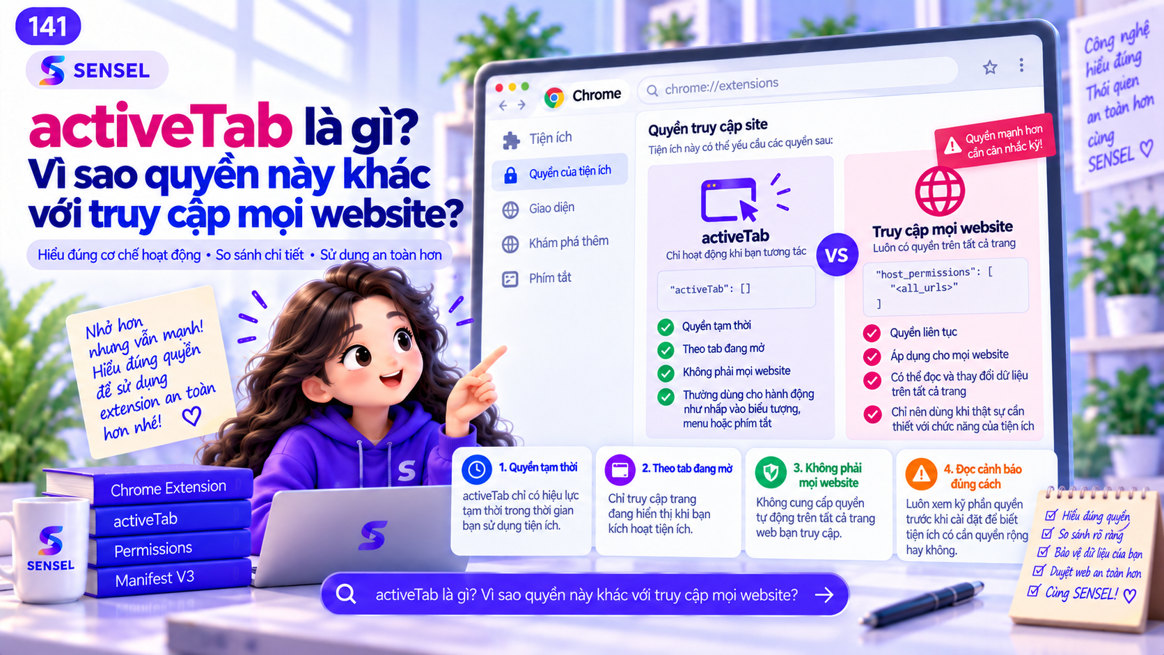 Minh họa quyền activeTab chỉ cấp truy cập tạm thời vào tab đang hoạt động sau thao tác người dùng
