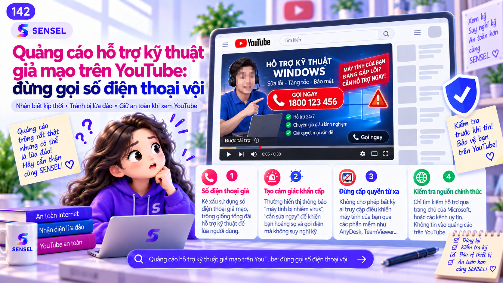 Minh họa cảnh báo về quảng cáo hỗ trợ kỹ thuật giả mạo và số điện thoại đáng ngờ trên YouTube