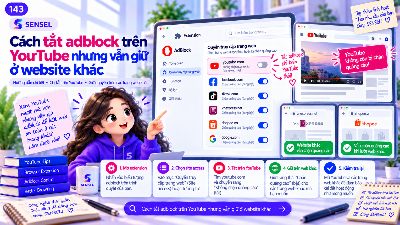 Minh họa cách tắt adblock riêng trên YouTube nhưng vẫn giữ extension hoạt động ở website khác