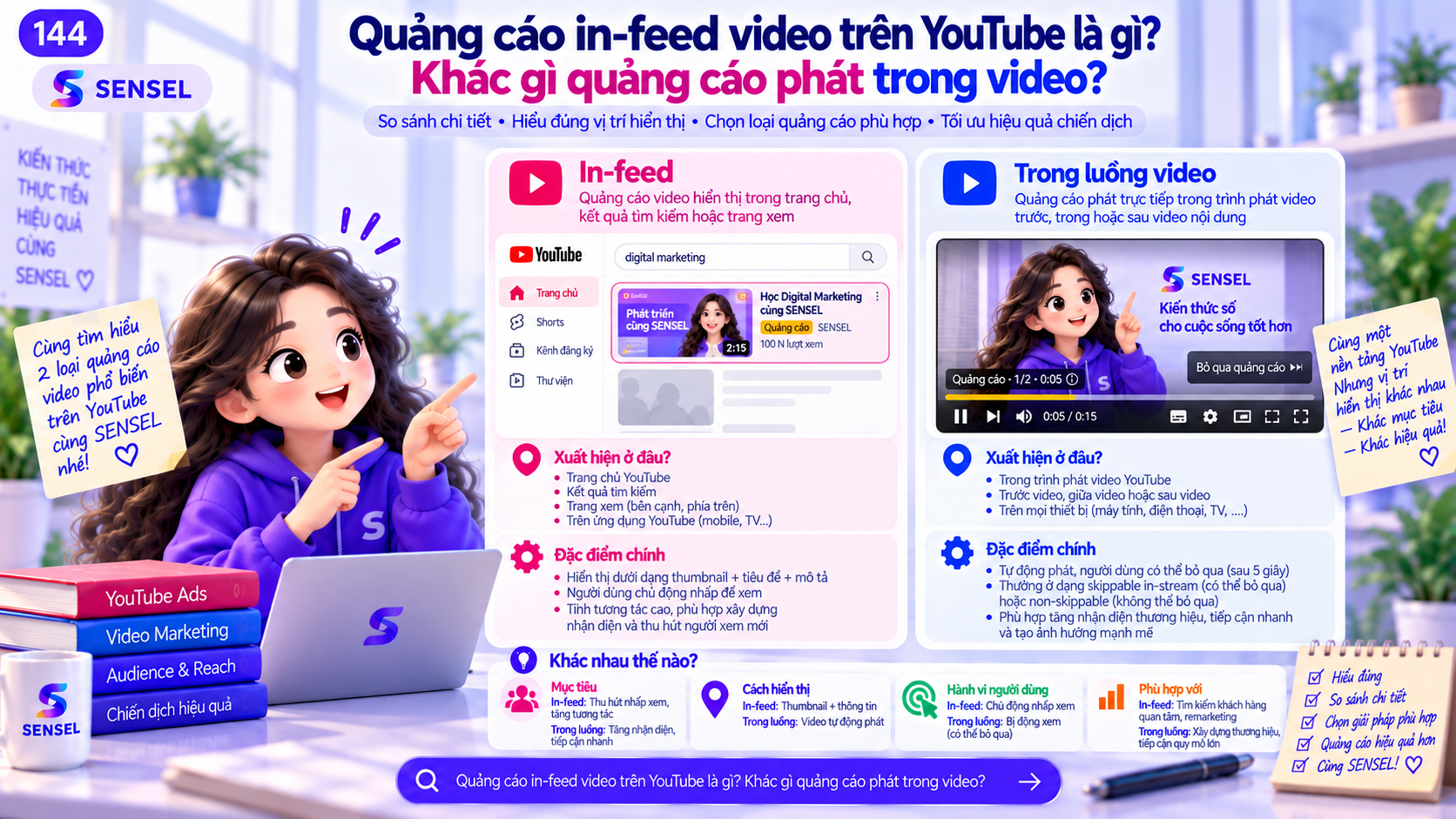 Minh họa khác biệt giữa quảng cáo in-feed video và quảng cáo phát trong luồng video trên YouTube