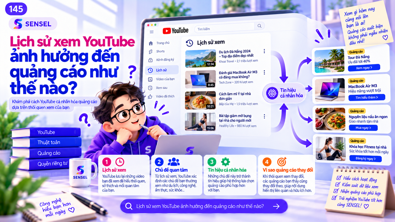 Minh họa mối liên hệ giữa lịch sử xem YouTube, đề xuất video và cá nhân hóa quảng cáo