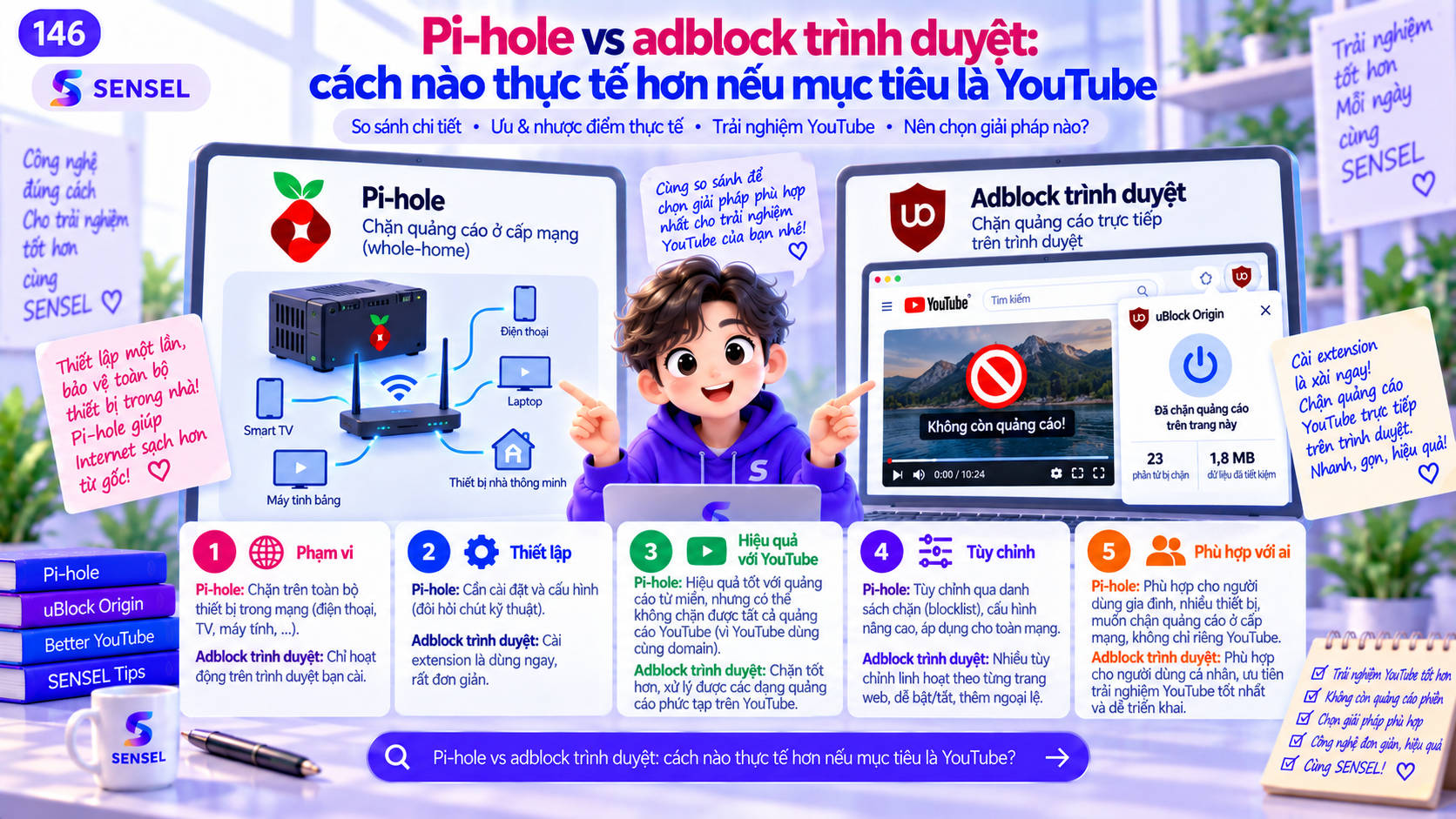 Minh họa so sánh Pi-hole ở tầng DNS với adblock chạy trong trình duyệt khi mục tiêu là YouTube