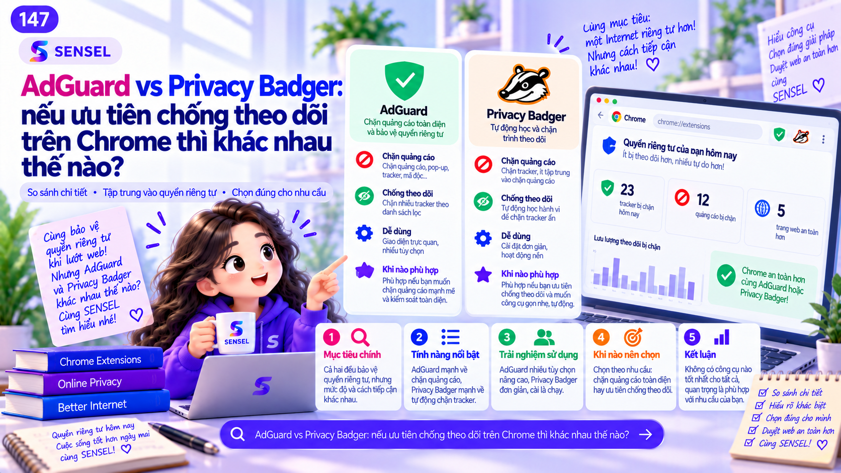 Minh họa so sánh AdGuard Browser Extension và Privacy Badger khi ưu tiên chống theo dõi trên Chrome