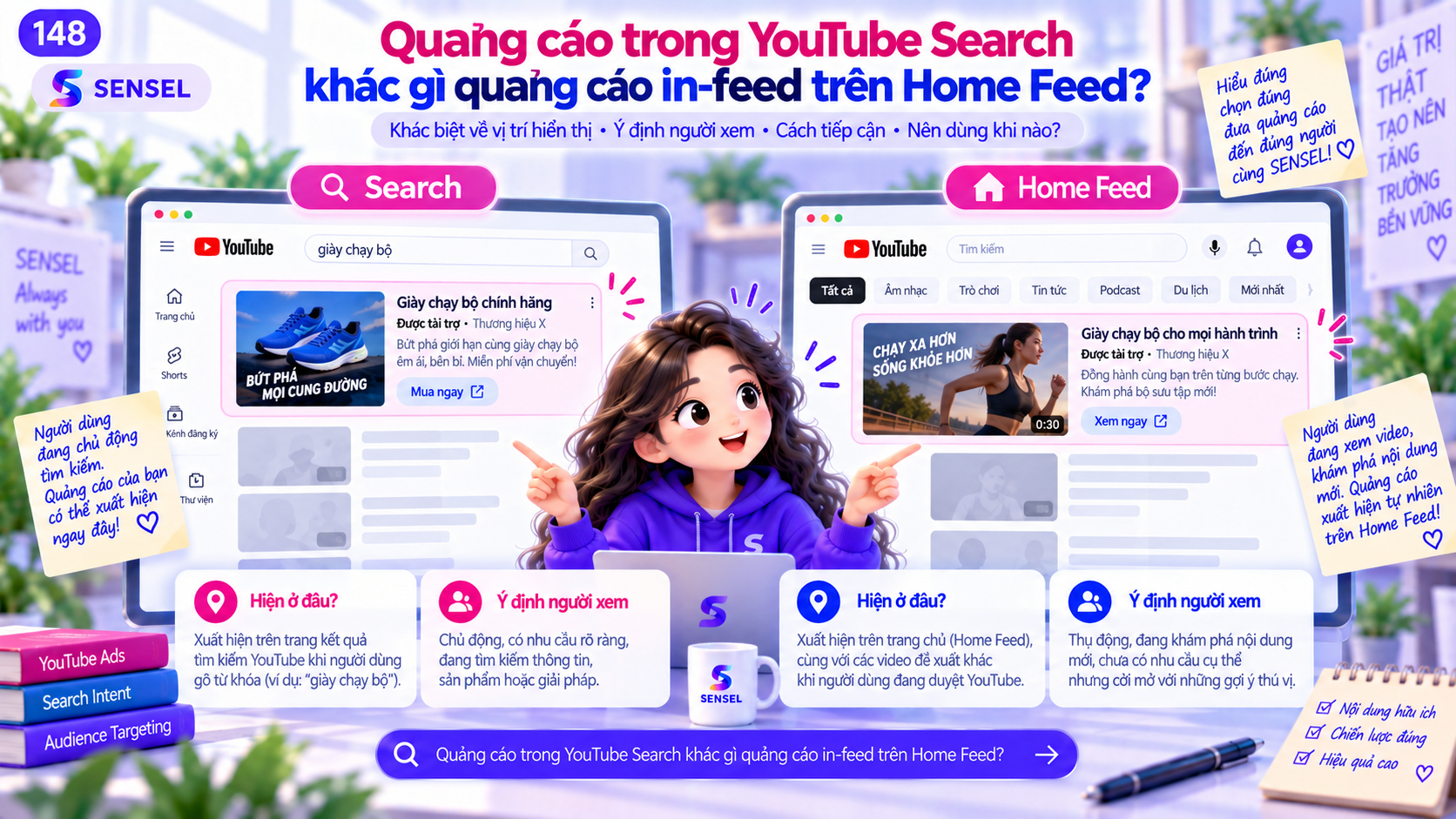 Minh họa khác biệt giữa quảng cáo trong YouTube Search và quảng cáo in-feed trên Home Feed
