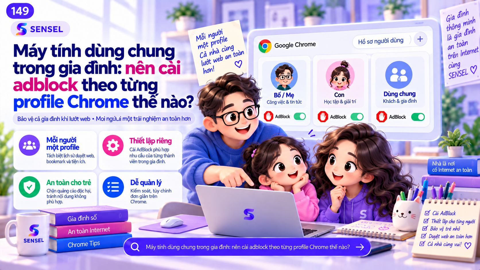 Minh họa cách tổ chức Chrome profile và adblock trên máy tính dùng chung trong gia đình