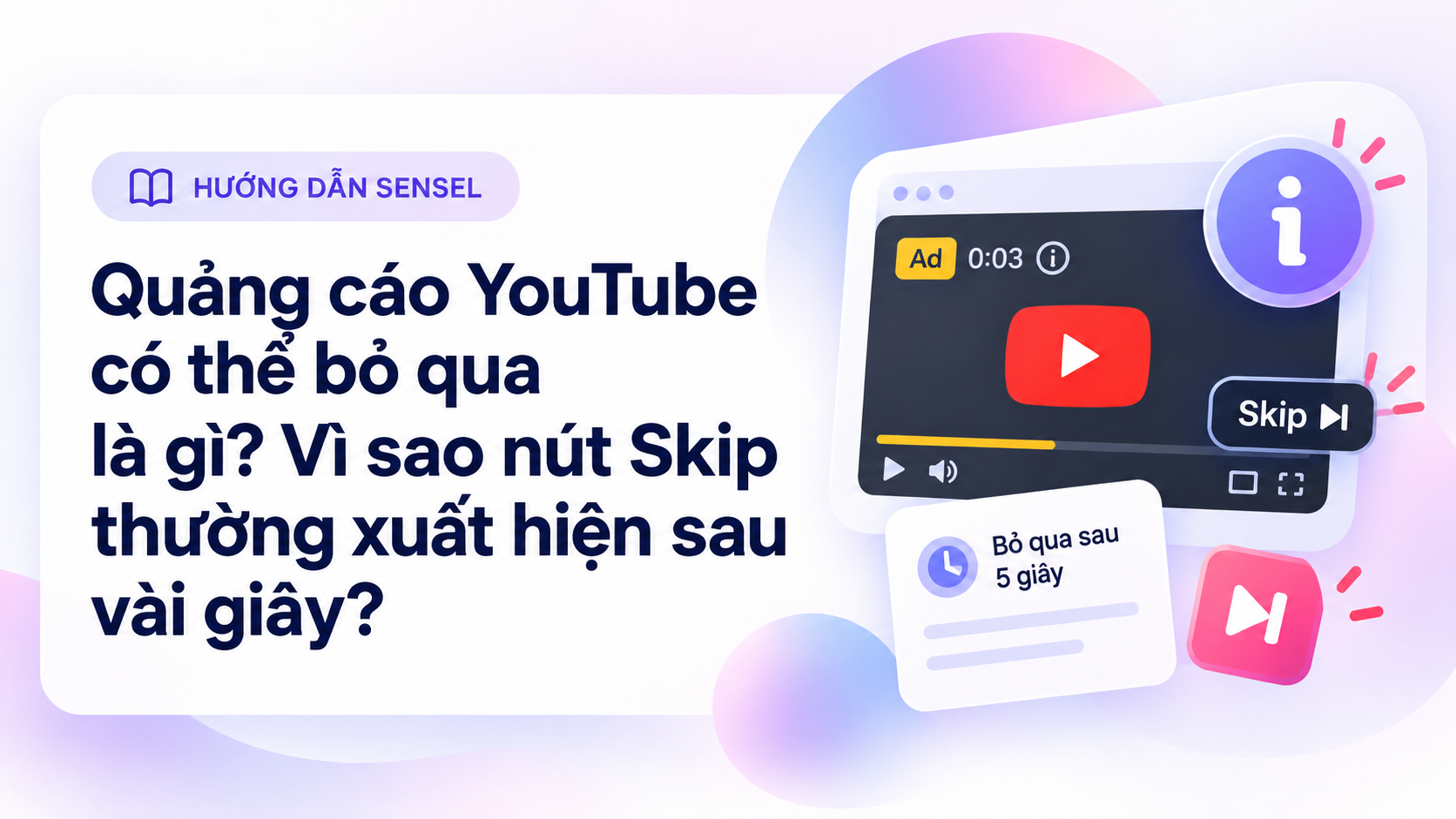Minh họa quảng cáo YouTube có thể bỏ qua với nút Skip xuất hiện sau vài giây