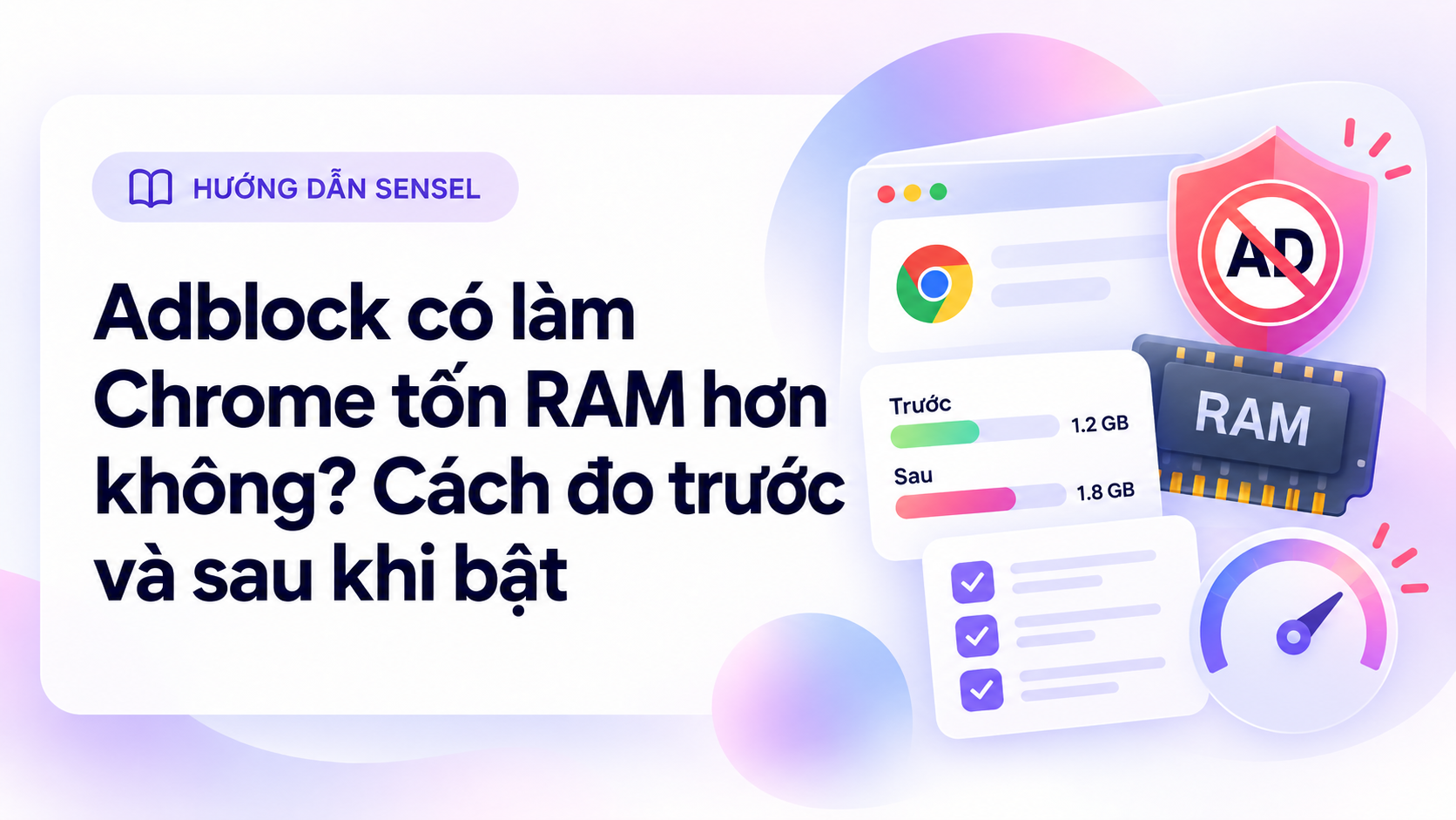Minh họa đo mức sử dụng RAM của Chrome trước và sau khi bật adblock