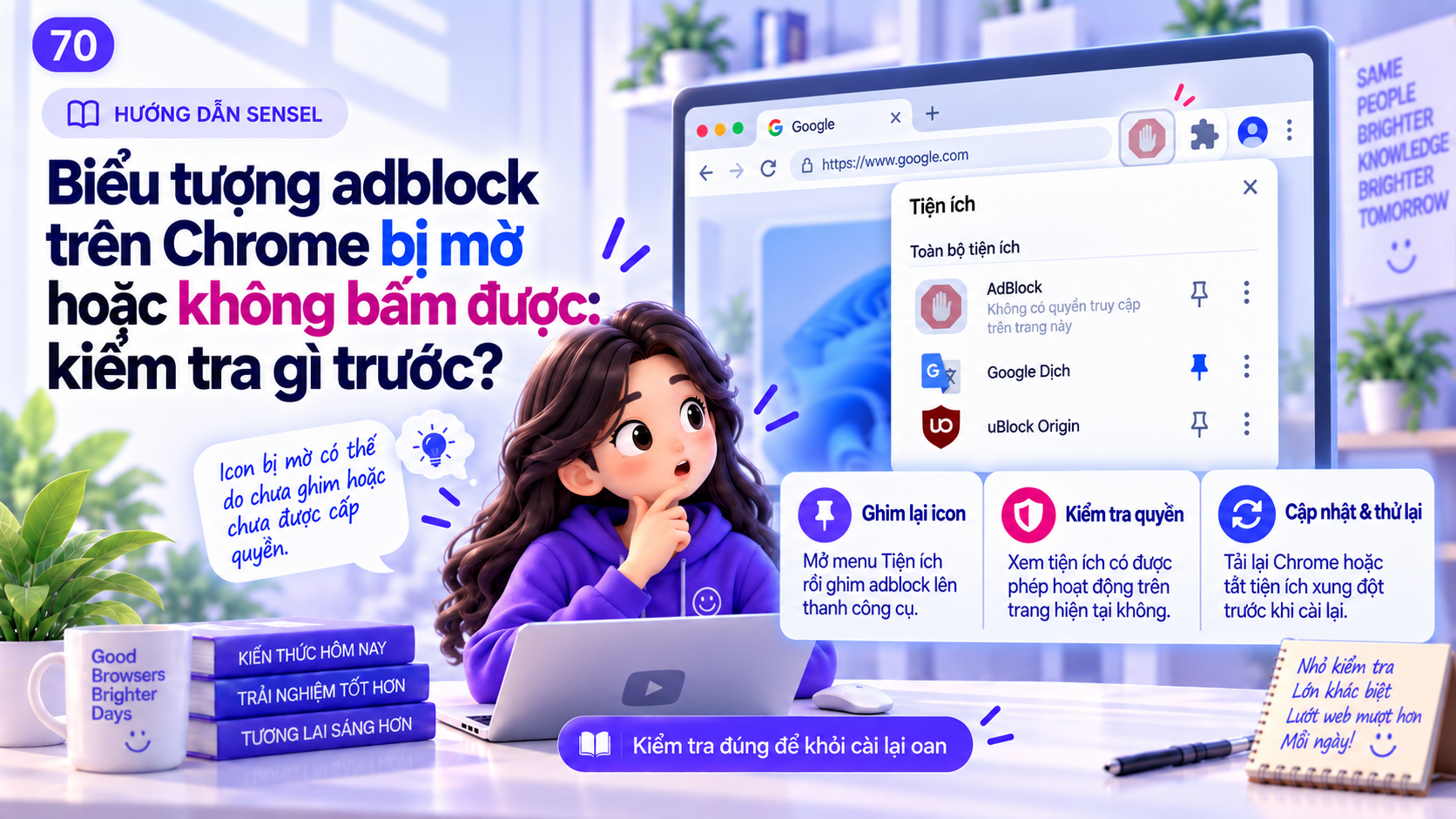 Minh họa biểu tượng adblock trên Chrome bị mờ cùng checklist kiểm tra trạng thái extension và quyền truy cập trang