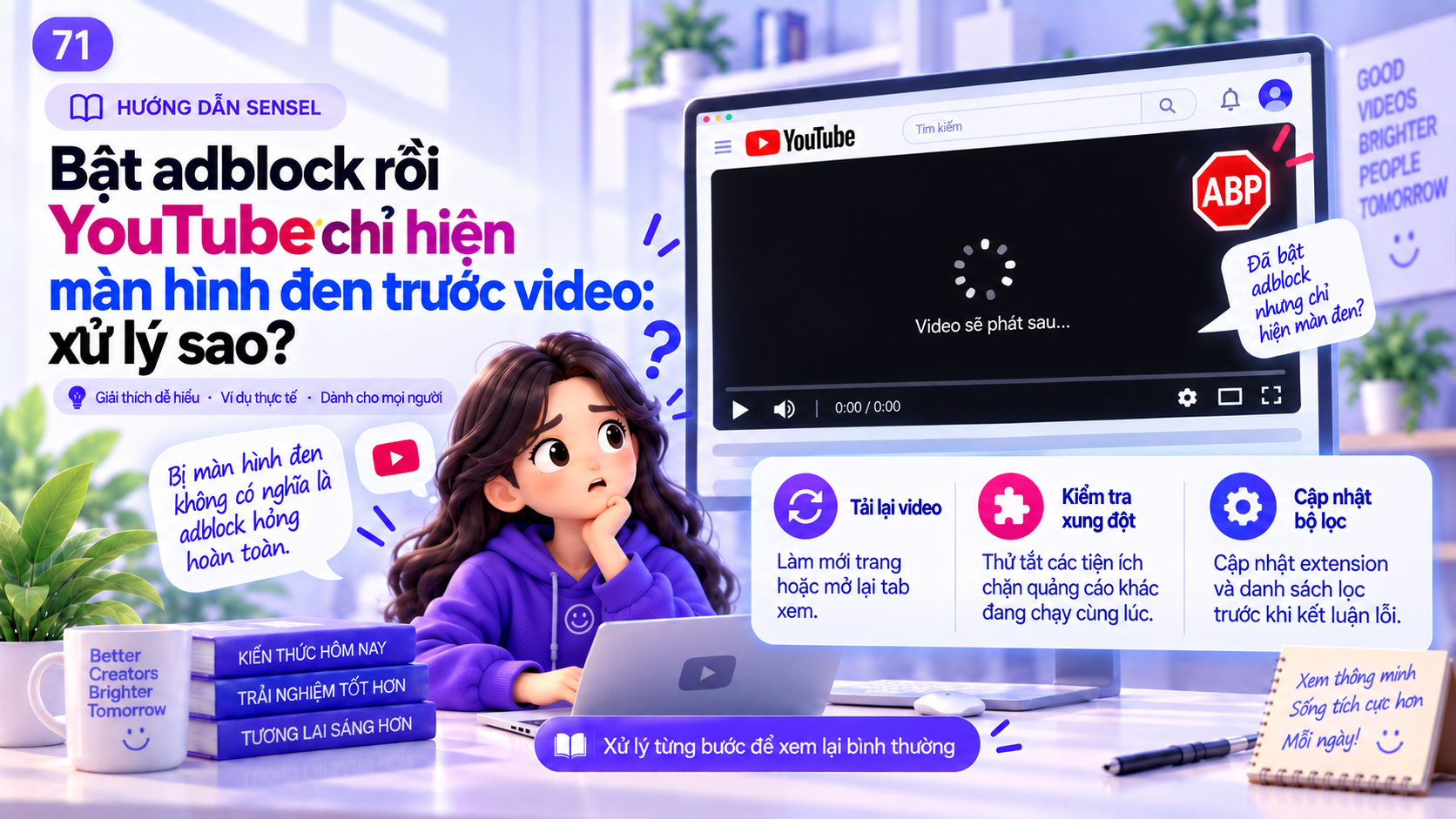Minh họa trình phát YouTube màn hình đen khi bật adblock cùng các bước chẩn đoán extension