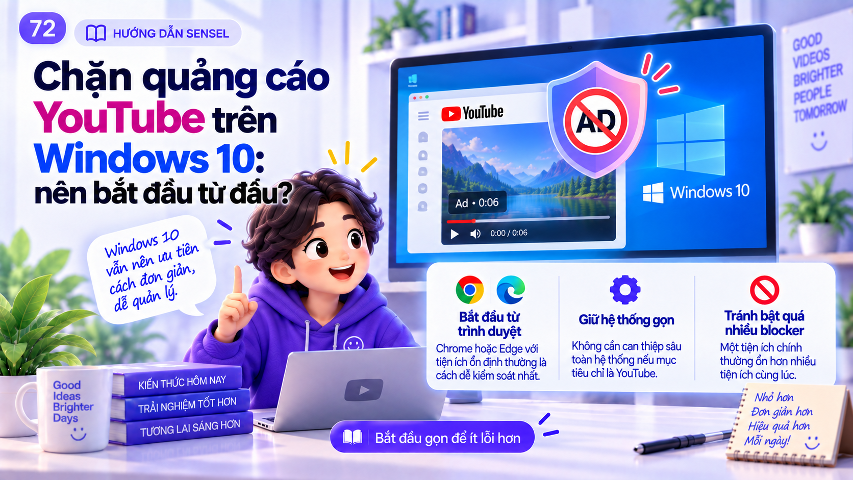 Minh họa máy tính Windows 10, trình duyệt Chrome và lựa chọn giảm quảng cáo YouTube trên máy cũ